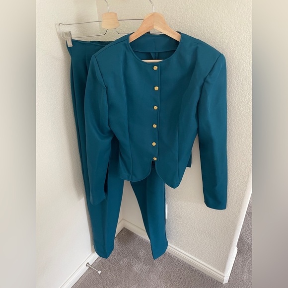 Vintage Pants - Teal Women's Two-Piece Pantsuit with Gold Buttons